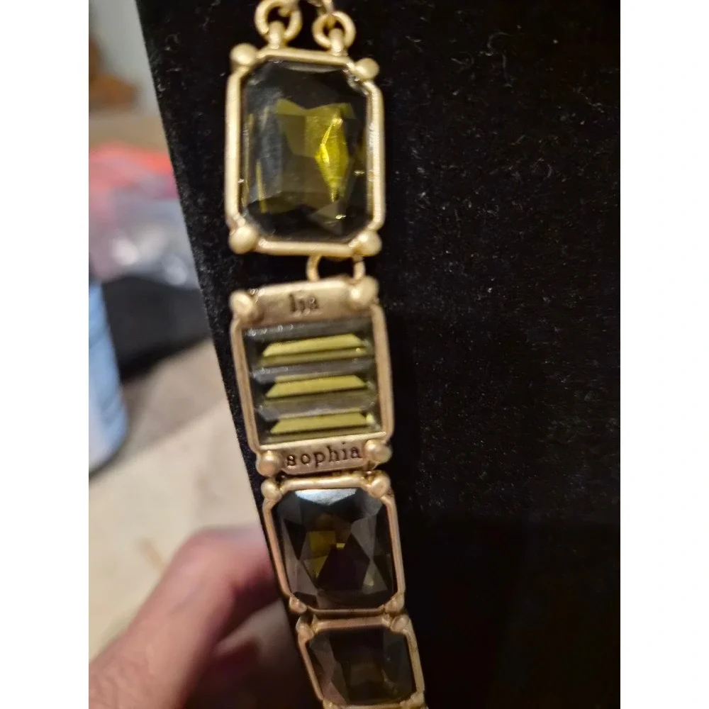 Lia Sophia‎ Olive Green Faceted Glass Statement Necklace Gold Tone Adjustable